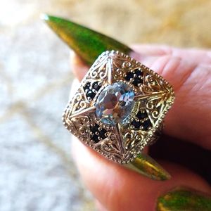 Blue diamond and Aquamarine ring set in solid sterling silver size 7